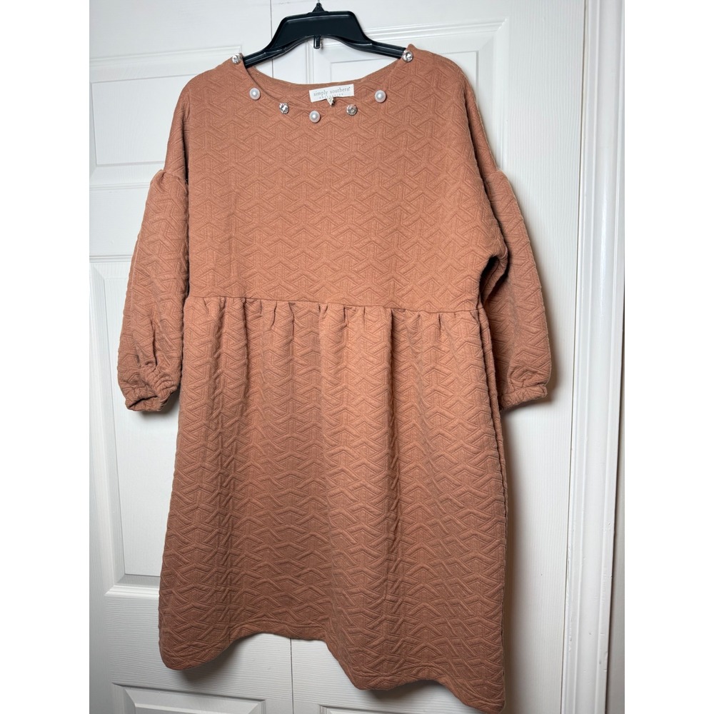 Simply Southern Terracotta Textured Knit Pearl Rhinestone Babydoll Dress Large